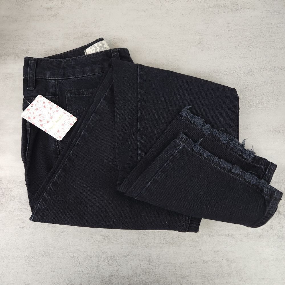 Free People Dakota Straight Leg Destructed Hem High Rise Pitch Black Denim Jeans - Picture 2 of 9